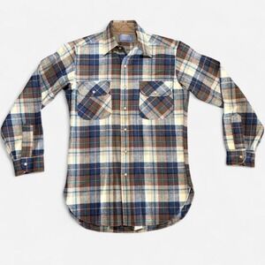 Vintage 70s-80s Pendleton Wool Board Shirt Brown Blue Loop Collar Size S